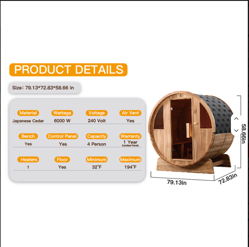 2–4 Person Japanese Cedar Outdoor Barrel Sauna